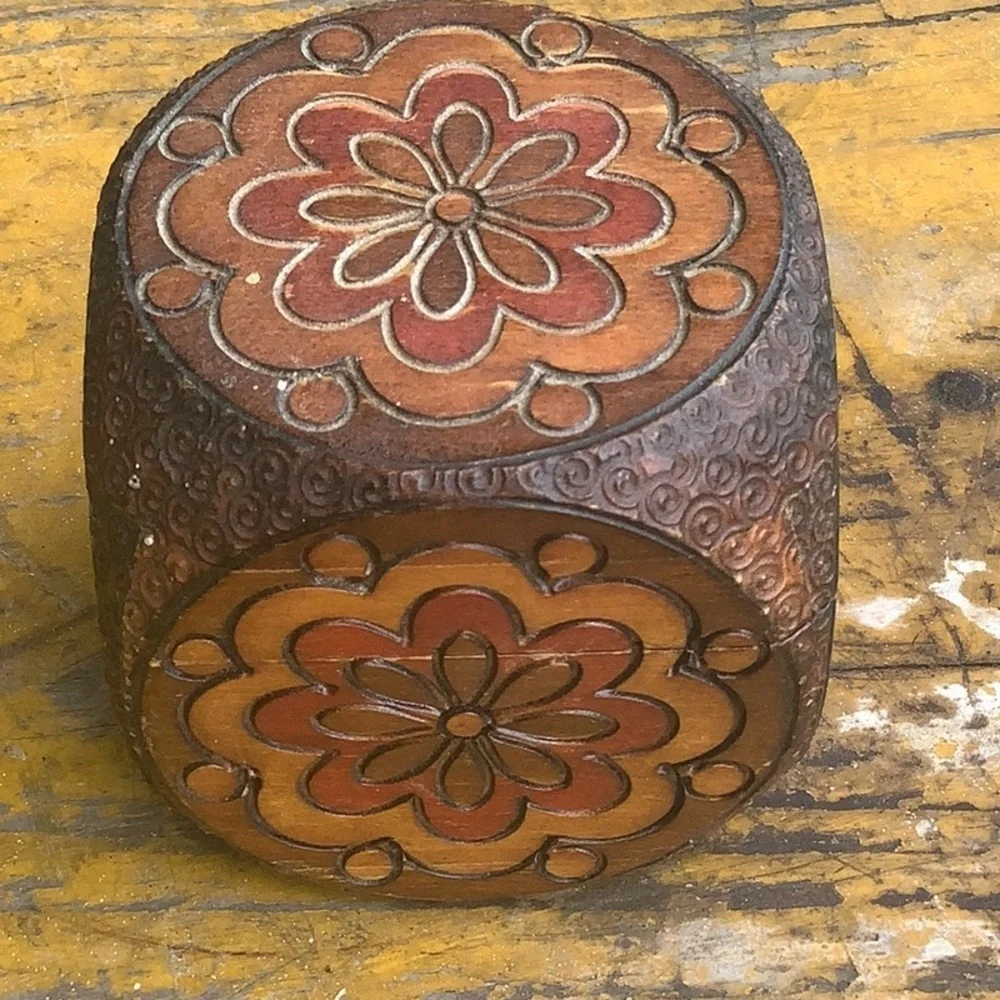 Pyrography Box Hinged Painted Wood Carved